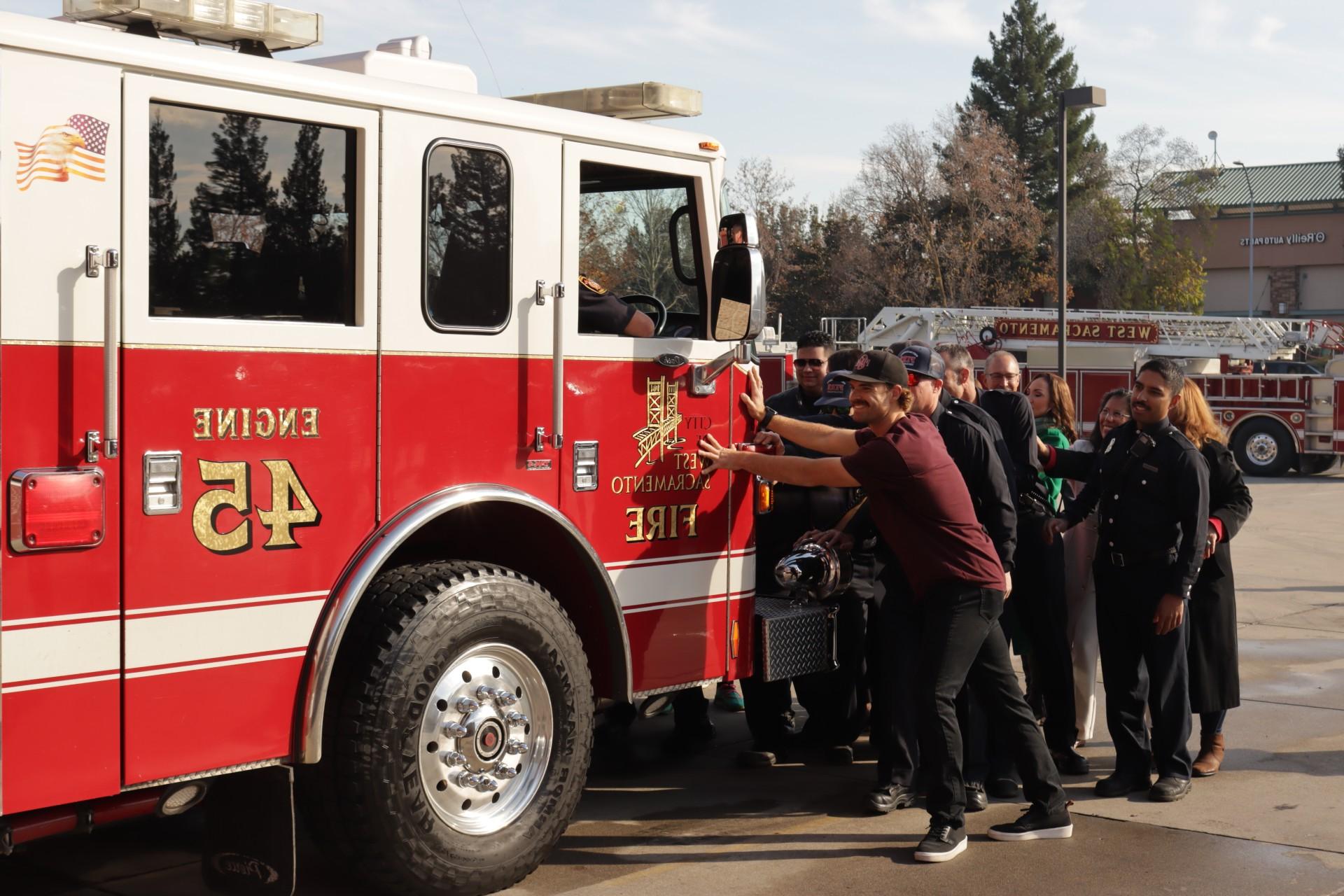 Engine 45 being pushed into apparatus bay